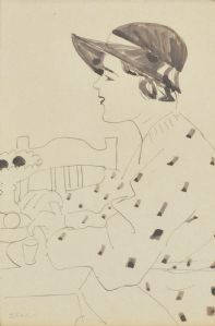 Frau mit Hut am Tisch, um 1934